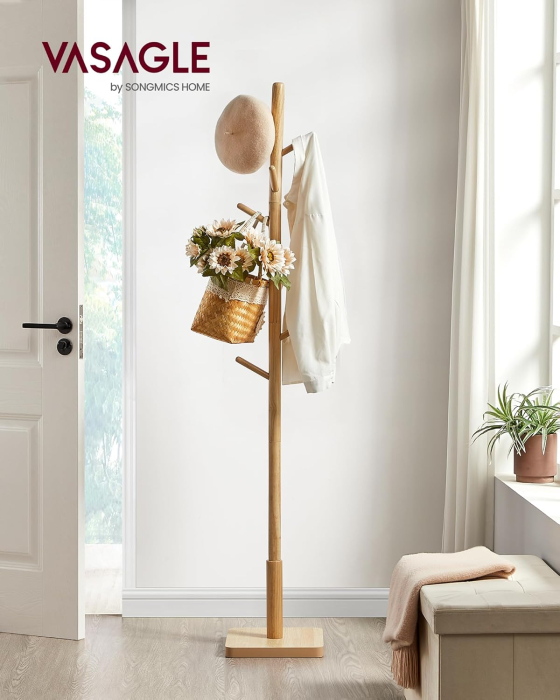 Cuier tip copac din lemn masiv, cu 8 carlige si baza patrata, 30x30x176 cm, bej natural [3]