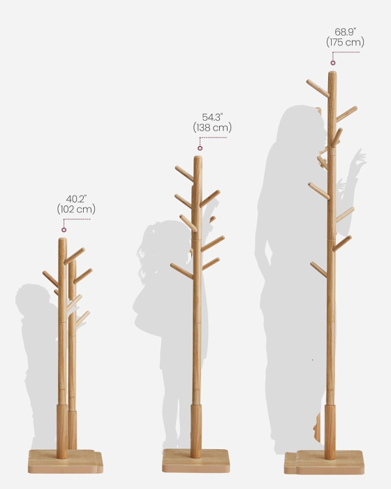 Cuier tip copac din lemn masiv, cu 8 carlige si baza patrata, 30x30x176 cm, bej natural [2]