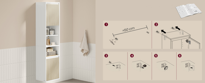 VASAGLE Dulap baie cu montare pe podea sau perete, 7 compartimente, 30x40x160 cm, alb bej [3]