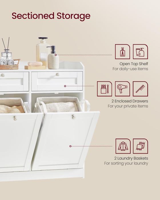 Dulap baie de podea, 2 cosuri de rufe integrate cu saci detasabili, 2 sertare, 79x40x80 cm, alb [4]