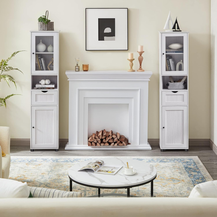 Dulap baie inalt cu usa din sticla si raft deschis, 30x40x165 cm, alb [5]