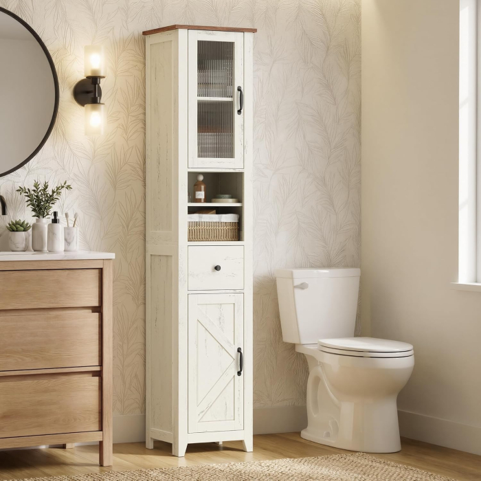 Dulap baie ingust Liry, tip coloana, cu sertar, compartimente deschise si usi, MDF, 33x32x171 cm, alb rustic [4]
