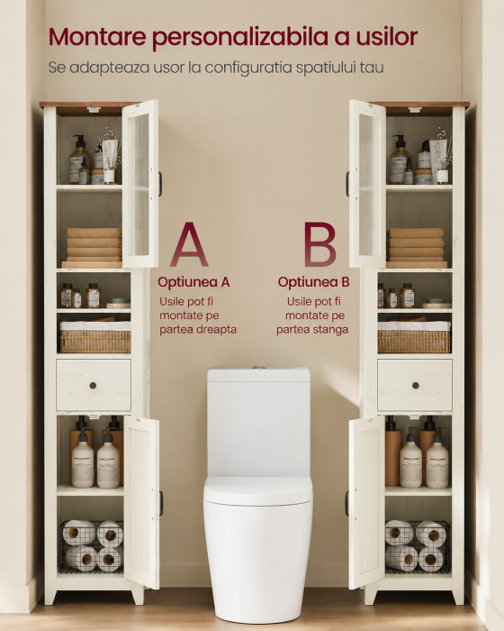 Dulap baie ingust Liry, tip coloana, cu sertar, compartimente deschise si usi, MDF, 33x32x171 cm, alb rustic [5]