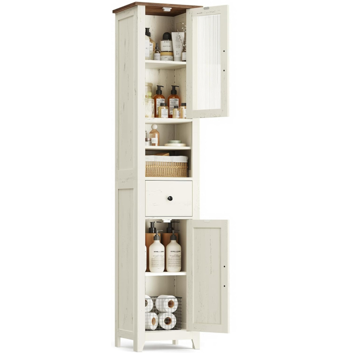 Dulap baie ingust Liry, tip coloana, cu sertar, compartimente deschise si usi, MDF, 33x32x171 cm, alb rustic [8]