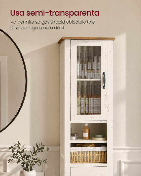 Dulap baie ingust Liry, tip coloana, cu sertar, compartimente deschise si usi, MDF, 33x32x171 cm, alb rustic [3]