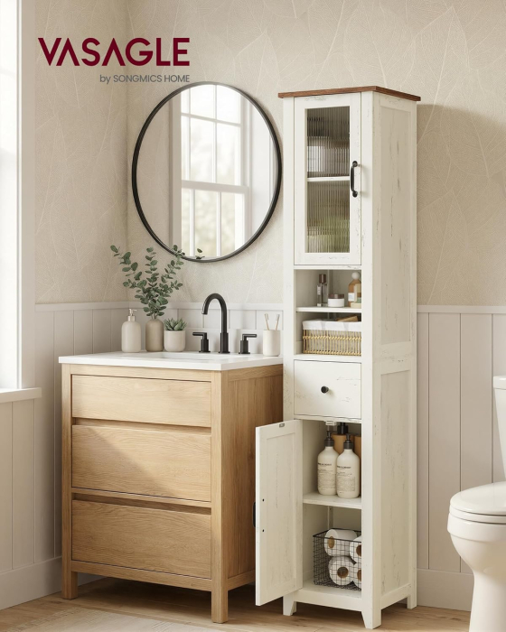 Dulap baie ingust Liry, tip coloana, cu sertar, compartimente deschise si usi, MDF, 33x32x171 cm, alb rustic [6]