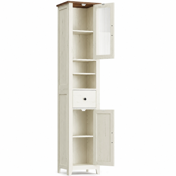 Dulap baie ingust Liry, tip coloana, cu sertar, compartimente deschise si usi, MDF, 33x32x171 cm, alb rustic [9]