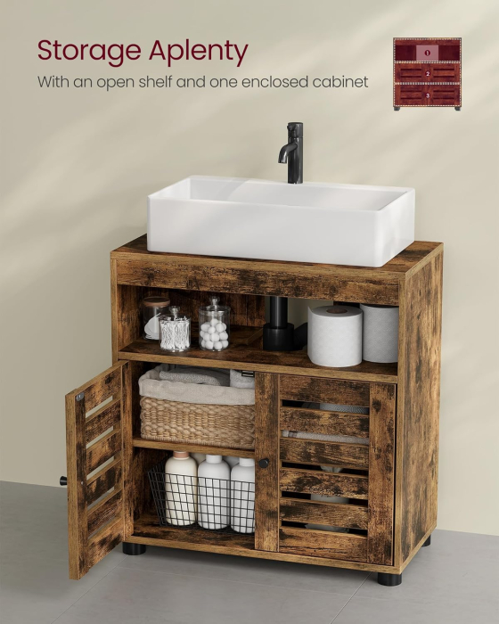 Dulap baie lavoar cu 2 usi tip jaluzea, raft reglabil, 60x30x63 cm, maro rustic [5]