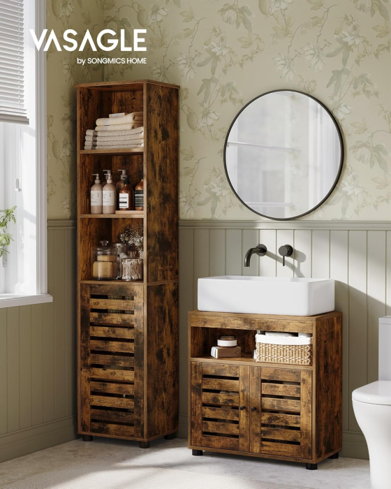 Dulap baie lavoar cu 2 usi tip jaluzea, raft reglabil, 60x30x63 cm, maro rustic [3]