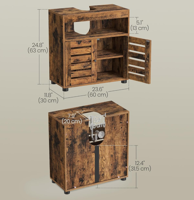 Dulap baie lavoar cu 2 usi tip jaluzea, raft reglabil, 60x30x63 cm, maro rustic [11]