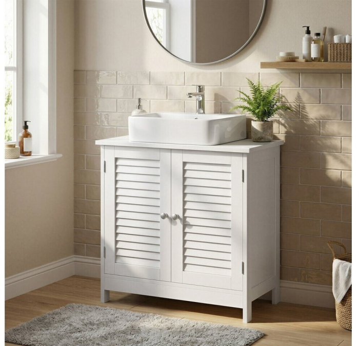 Dulap baie pentru lavoar cu raft reglabil, design scandinav cu 2 usi tip lamele, MDF, 60x30x60 cm, alb mat [11]
