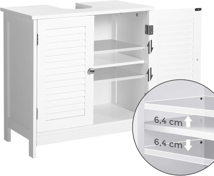 Dulap baie pentru lavoar cu raft reglabil, design scandinav cu 2 usi tip lamele, MDF, 60x30x60 cm, alb mat [4]