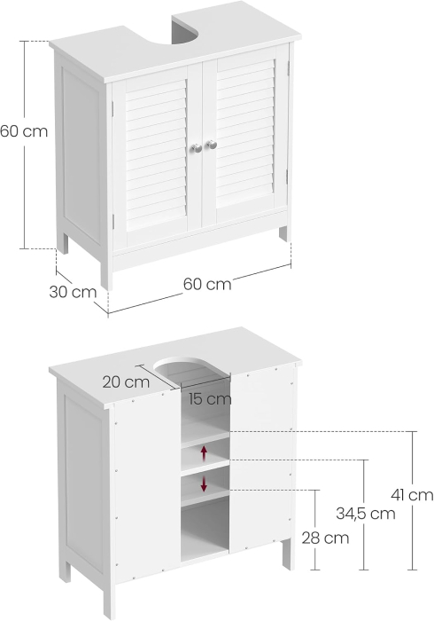 Dulap baie pentru lavoar cu raft reglabil, design scandinav cu 2 usi tip lamele, MDF, 60x30x60 cm, alb mat [3]