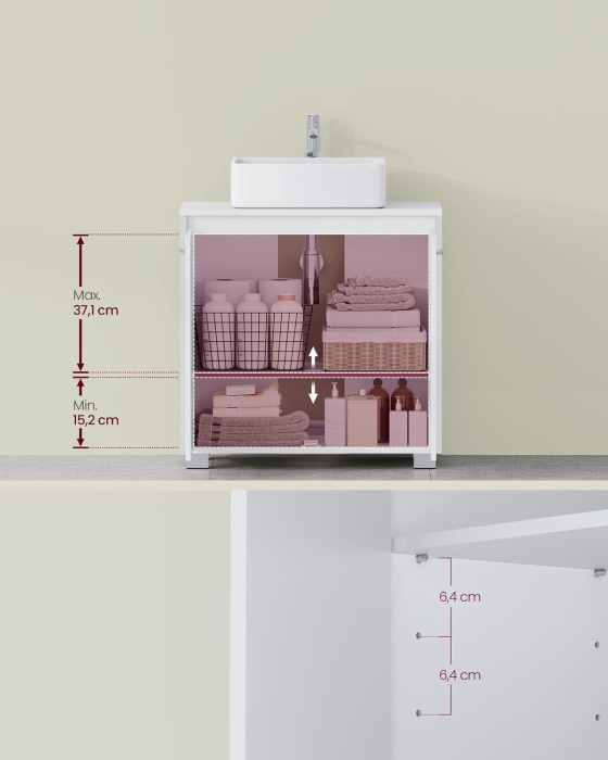 Dulap baie pentru suport lavoar, MDF, 2 compartimente, raft interior reglabil, 30x60x60 cm, alb [6]