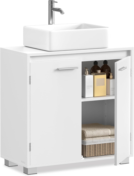 Dulap baie pentru suport lavoar, MDF, 2 compartimente, raft interior reglabil, 30x60x60 cm, alb [5]