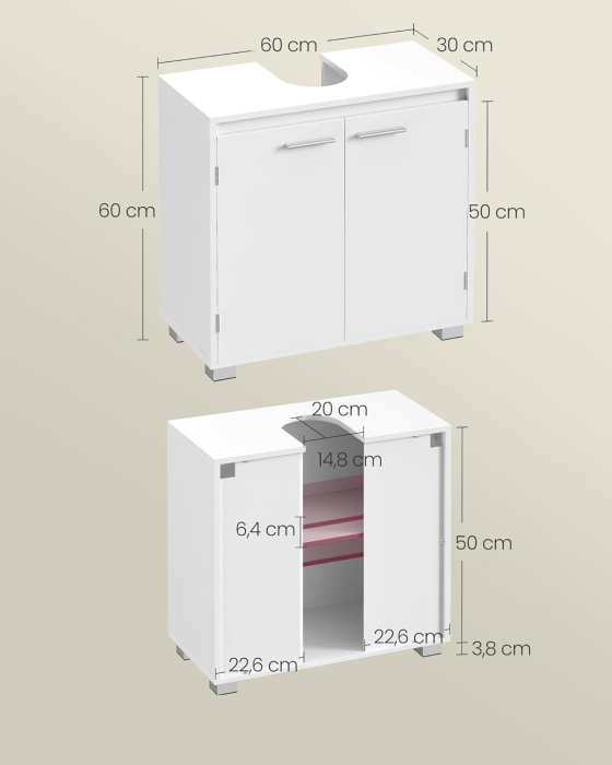 Dulap baie pentru suport lavoar, MDF, 2 compartimente, raft interior reglabil, 30x60x60 cm, alb [2]