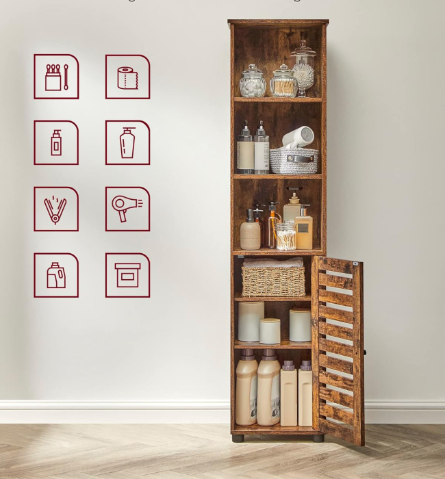 VASAGLE Dulap de baie, cu 3 compartimente deschise si spatiu de depozitare cu usa, 40x30x167cm, maro vintage [6]