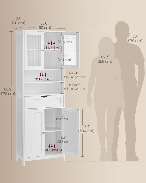 Dulap de baie cu sertar si rafturi reglabile, MDF, 60x30x170 cm, alb [2]