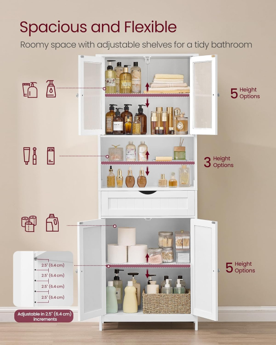 Dulap de baie cu sertar si rafturi reglabile, MDF, 60x30x170 cm, alb [6]