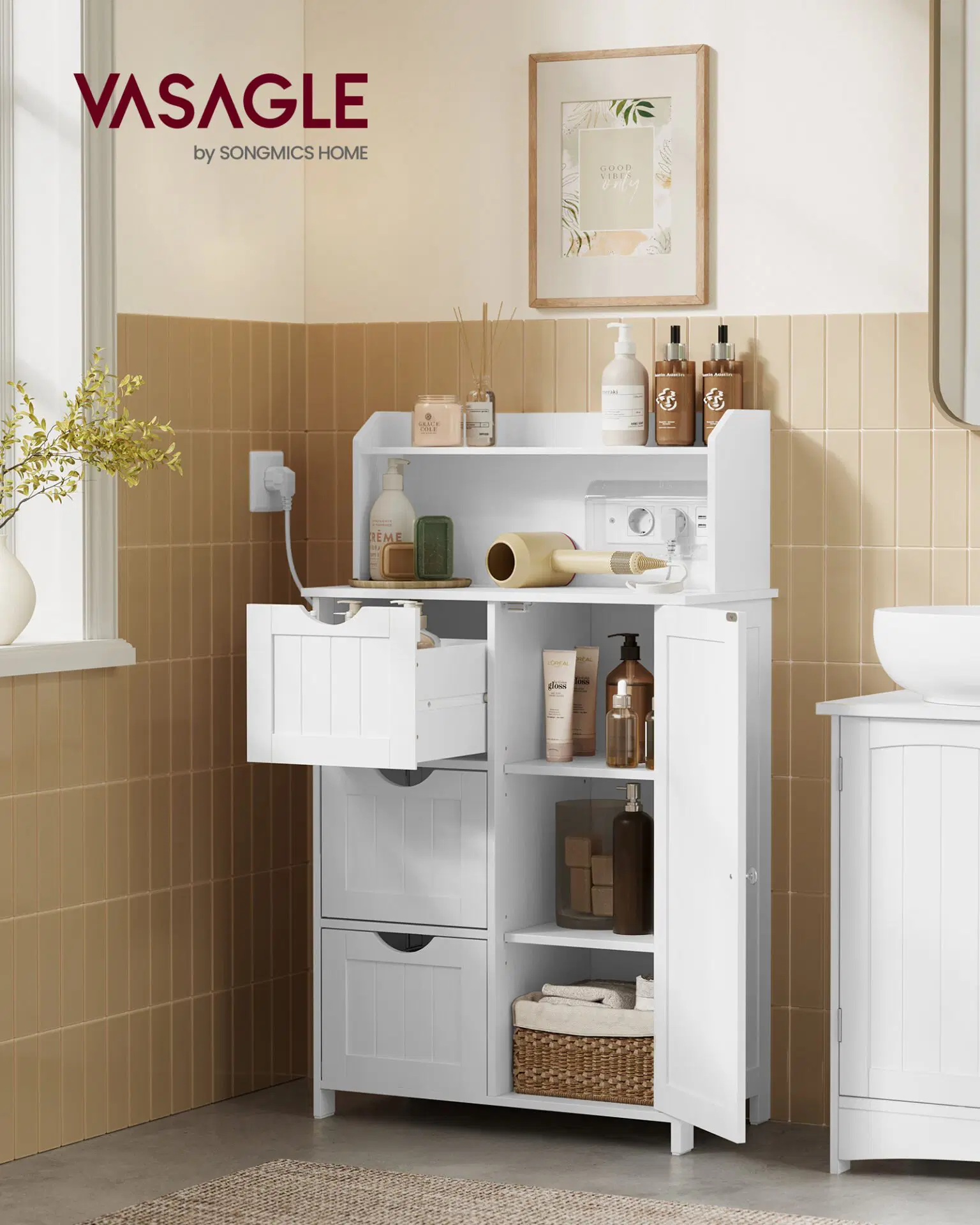 Dulap de baie cu sertare si usa, priza integrata cu USB, rafturi reglabile, MDF, 30x60x100 cm, alb [2]