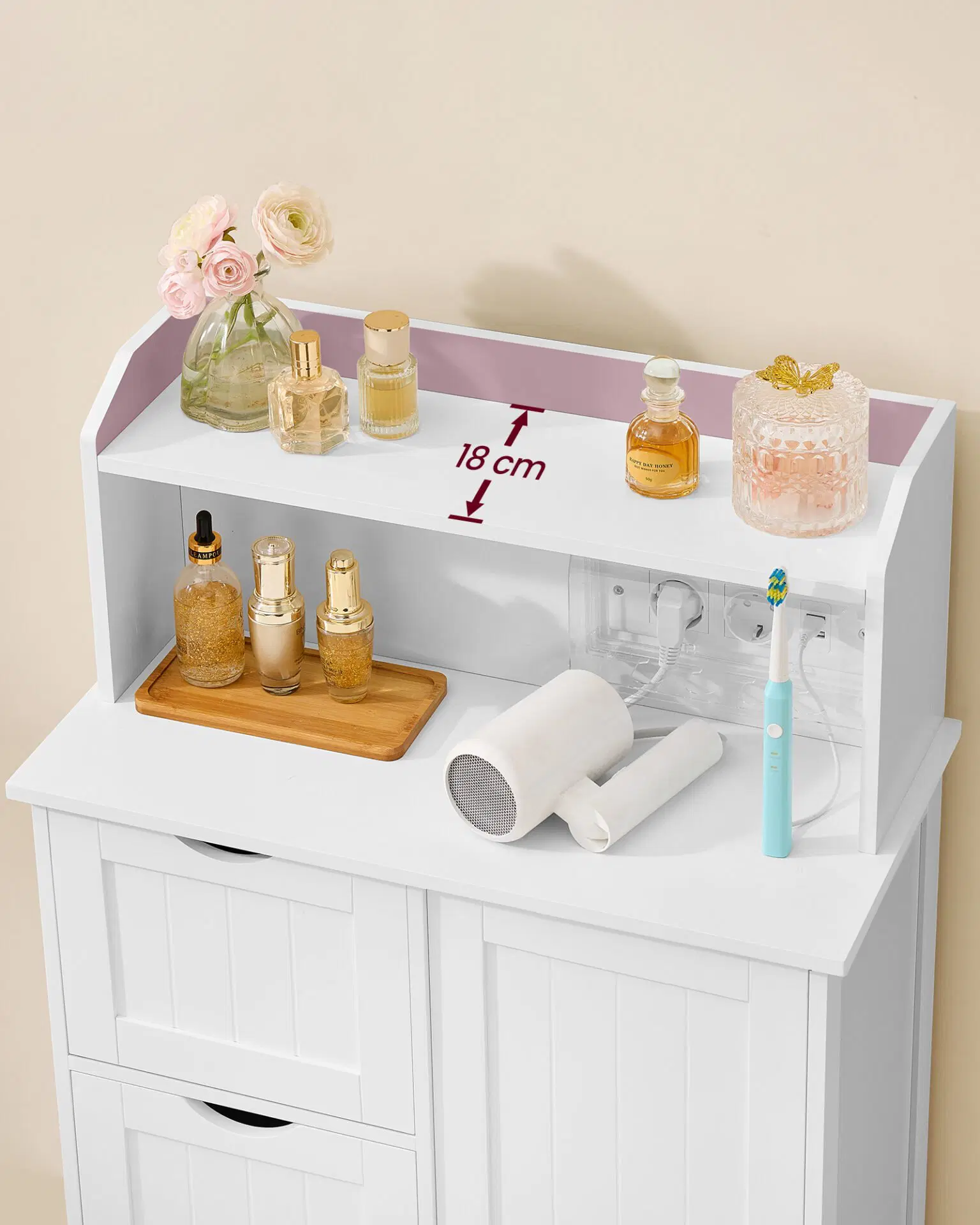 Dulap de baie cu sertare si usa, priza integrata cu USB, rafturi reglabile, MDF, 30x60x100 cm, alb [7]