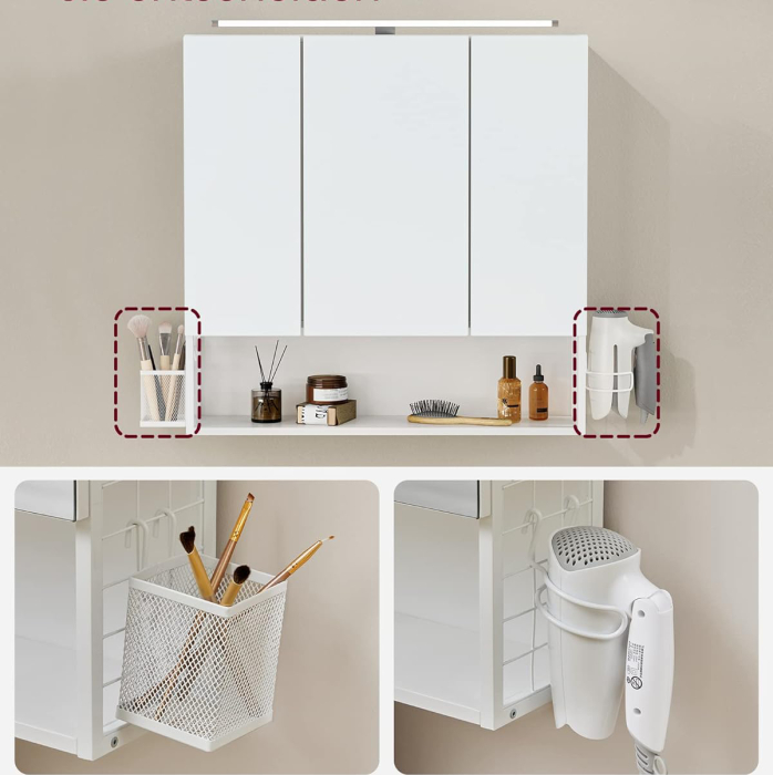 VASAGLE Dulap de baie de perete, 3 usi cu oglinda, compartiment deschis, 15x70x70cm, alb [6]