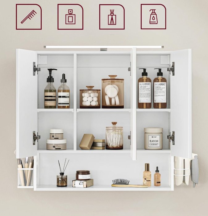 VASAGLE Dulap de baie de perete, 3 usi cu oglinda, compartiment deschis, 15x70x70cm, alb [5]