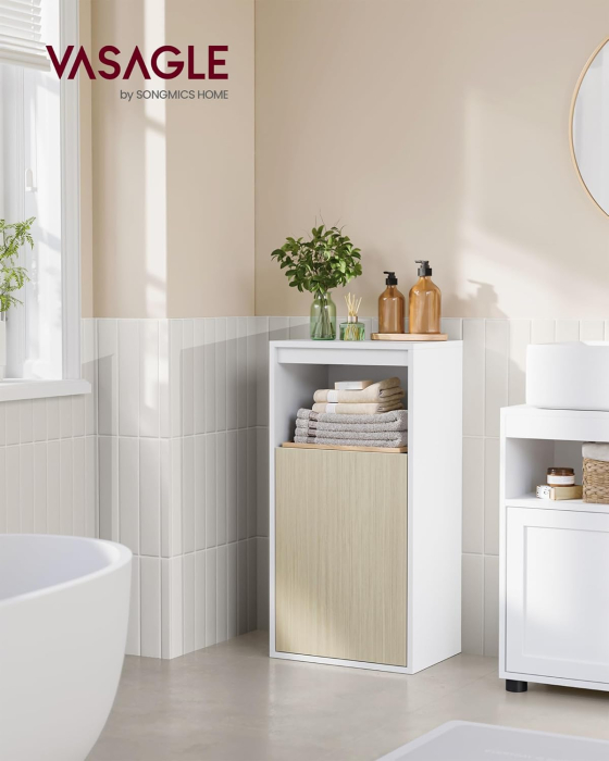 VASAGLE Dulap de baie de perete cu 3 polite, usa cu directie de deschidere reglabila, 30x40x80 cm, alb cu bej [2]