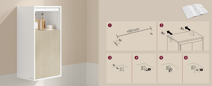 VASAGLE Dulap de baie de perete cu 3 polite, usa cu directie de deschidere reglabila, 30x40x80 cm, alb cu bej [12]