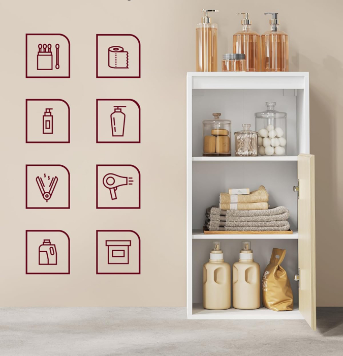 VASAGLE Dulap de baie de perete cu 3 polite, usa cu directie de deschidere reglabila, 30x40x80 cm, alb cu bej [5]