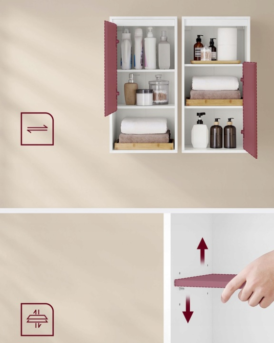 VASAGLE Dulap de baie de perete cu 3 polite, usa cu directie de deschidere reglabila, 30x40x80 cm, alb cu bej [9]