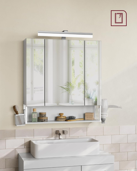 Dulap de baie de perete, cu oglinda si LED, prize si USB incorporate, 70x16x75 cm, alb [7]