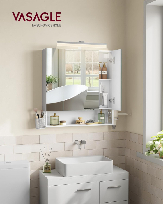 Dulap de baie de perete, cu oglinda si LED, prize si USB incorporate, 70x16x75 cm, alb [5]