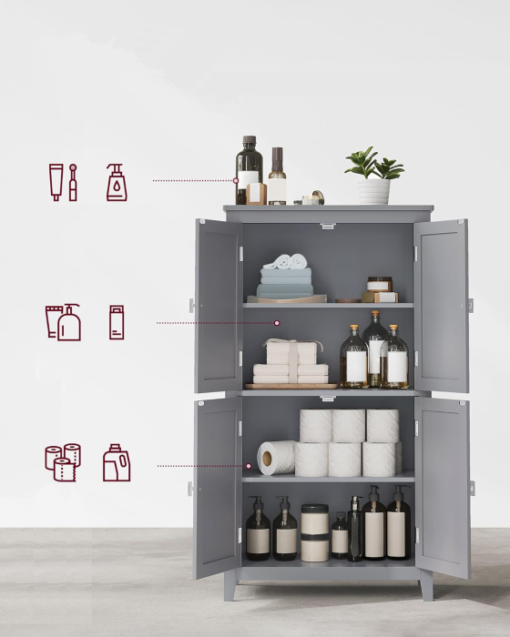 VASAGLE Dulap de baie, din MDF, cu 2 compartimente si 4 usi, rafturi reglabile, 30x60x110cm, gri [4]