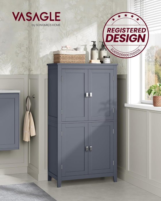 VASAGLE Dulap de baie, din MDF, cu 2 compartimente si 4 usi, rafturi reglabile, 30x60x110cm, gri inchis [7]