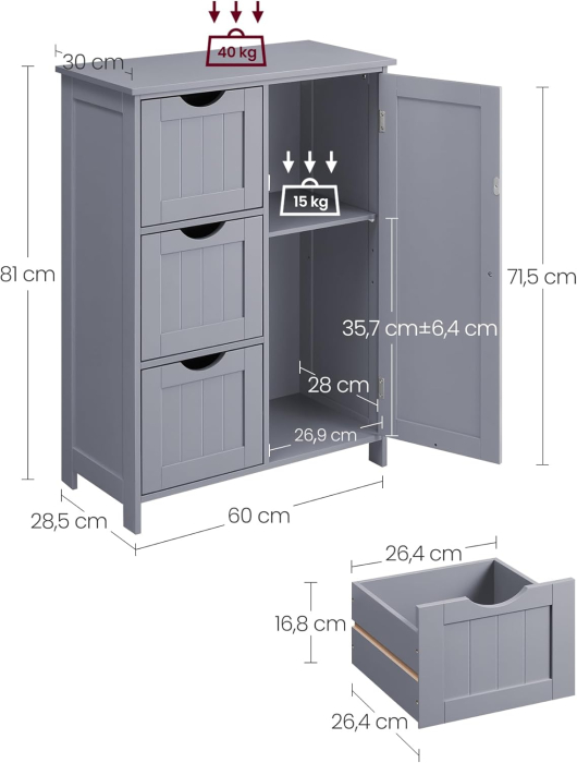 VASAGLE Dulap de baie, din MDF, cu 3 sertare, raft reglabil, 30x60x81cm, gri [3]