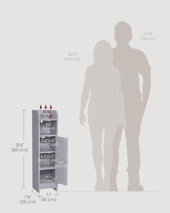 Dulap de baie, pentru spatii inguste, cu rafturi si usa, 18x20x80 cm, gri [5]