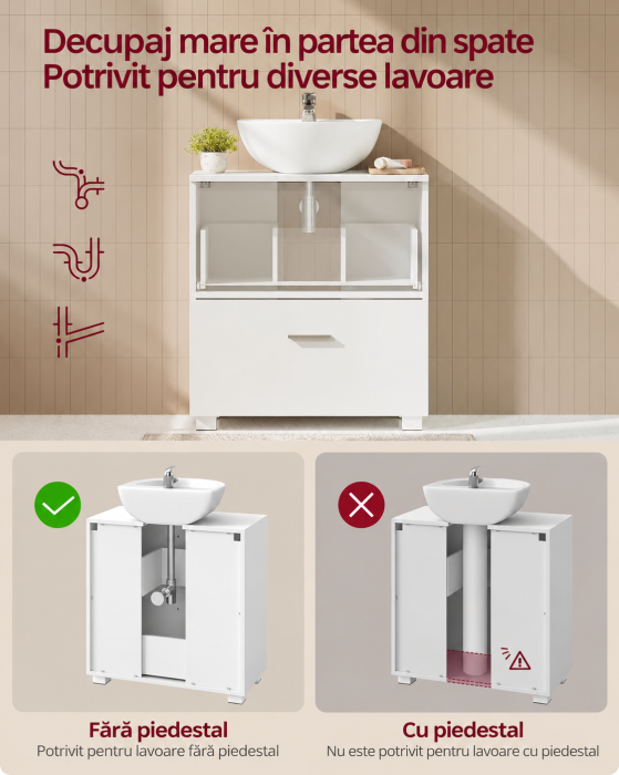 Dulap de baie sub lavoar cu 2 sertare glisante si 6 compartimente pentru organizare, compatibil cu lavoare fara piedestal, (nu include lavoar) [7]