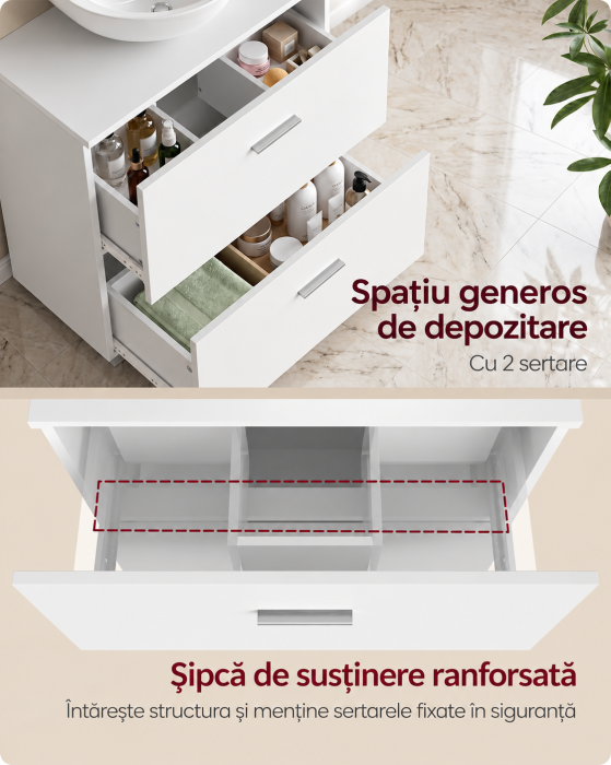 Dulap de baie sub lavoar cu 2 sertare glisante si 6 compartimente pentru organizare, compatibil cu lavoare fara piedestal, (nu include lavoar) [6]