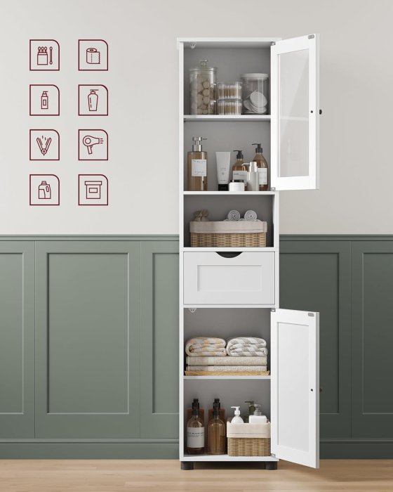 Dulap de baie tip coloana, cu raft deschis, sertar si usa din sticla, rafturi reglabile, 30x40x165 cm, alb [3]