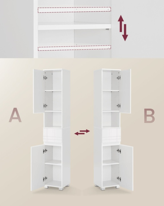 VASAGLE Dulap de baie tip coloana, din MDF, cu sertar si 2 usi, 30x30x170cm, alb [6]