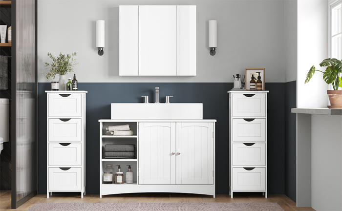 VASAGLE Dulap de depozitare de podea pentru baie, din lemn cu 4 sertare, 30x30x82cm, alb [8]