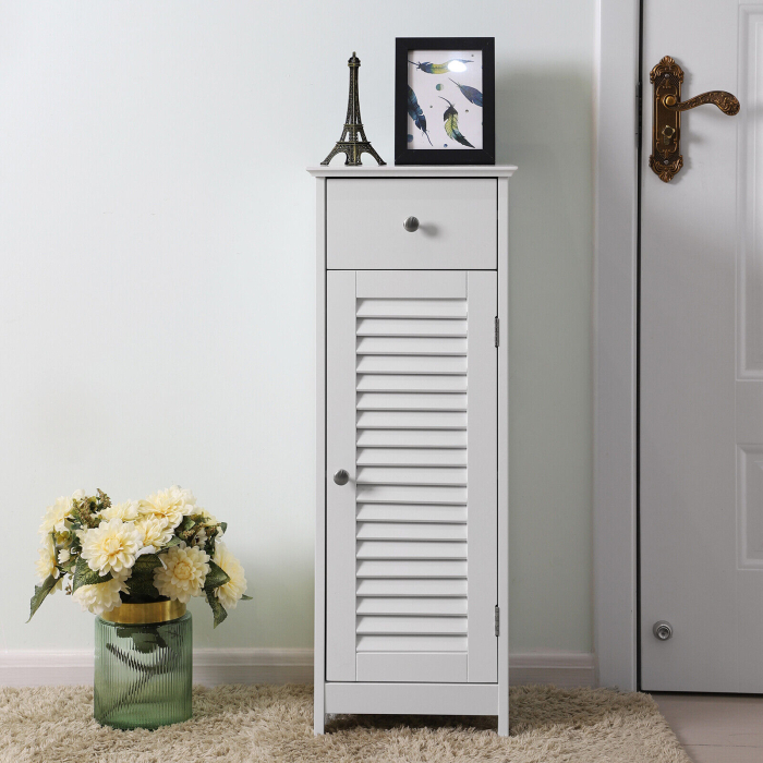 VASAGLE Dulap de depozitare de podea pentru baie, din lemn cu sertar, usa cu lamele, 32x30x87cm, alb [11]