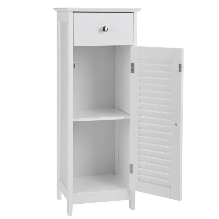 VASAGLE Dulap de depozitare de podea pentru baie, din lemn cu sertar, usa cu lamele, 32x30x87cm, alb [10]