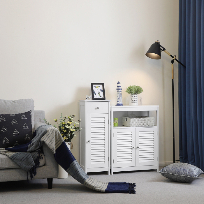 VASAGLE Dulap de depozitare de podea pentru baie, din lemn cu sertar, usa cu lamele, 32x30x87cm, alb [12]