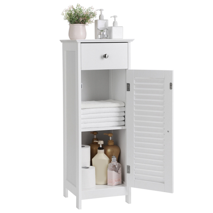 VASAGLE Dulap de depozitare de podea pentru baie, din lemn cu sertar, usa cu lamele, 32x30x87cm, alb [13]