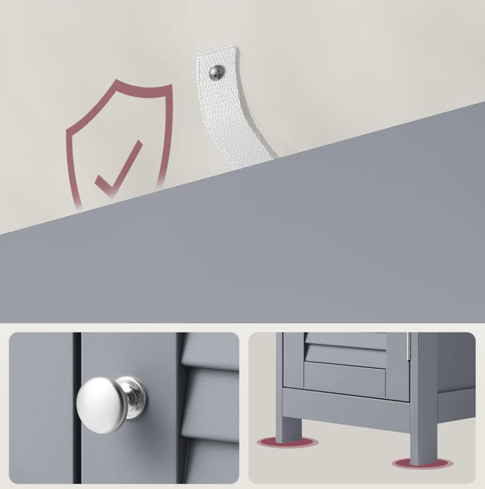 VASAGLE Dulap de depozitare de podea pentru baie, din lemn cu sertar, usa cu lamele, 32x30x87cm, gri [6]