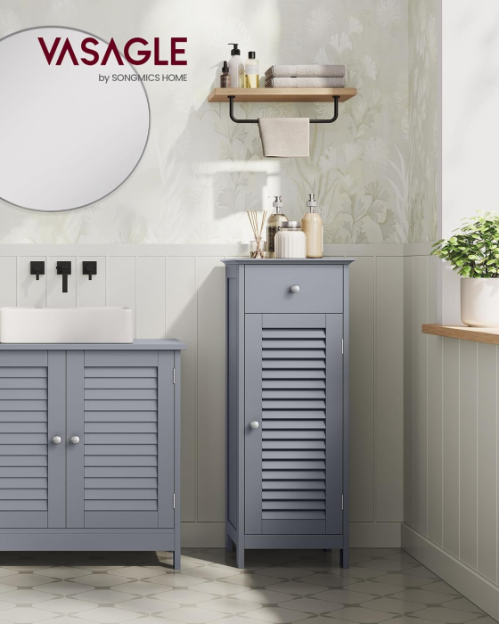 VASAGLE Dulap de depozitare de podea pentru baie, din lemn cu sertar, usa cu lamele, 32x30x87cm, gri [2]