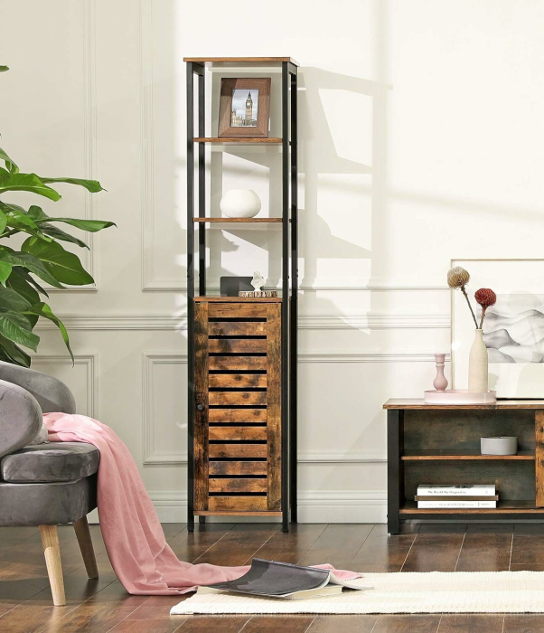 VASAGLE Dulap de depozitare in stil turn, 5 rafturi, compartiment cu usa, 37x30x167cm, maro rustic [6]