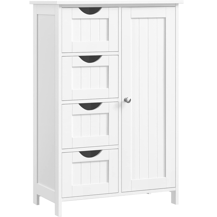 VASAGLE Dulap de depozitare pe podea pentru baie, din lemn, cu 4 sertare, 1 usa, rafturi reglabile, 30x55x82cm, alb [1]